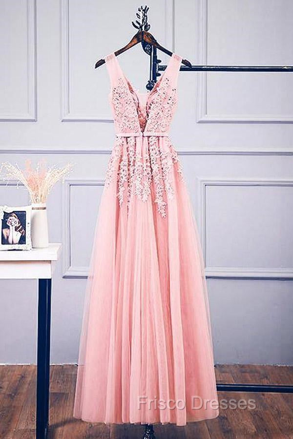 A-Line V Neck Pink Tulle Lace Applique Long Formal Prom Dress Evening Dress