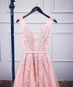 A-Line V Neck Pink Tulle Lace Applique Long Formal Prom Dress Evening Dress