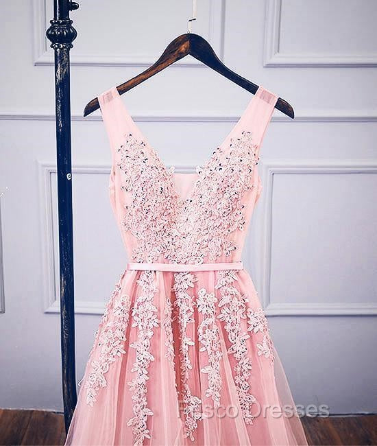 A-Line V Neck Pink Tulle Lace Applique Long Formal Prom Dress Evening Dress