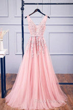 A-Line V Neck Pink Tulle Lace Applique Long Formal Prom Dress Evening Dress