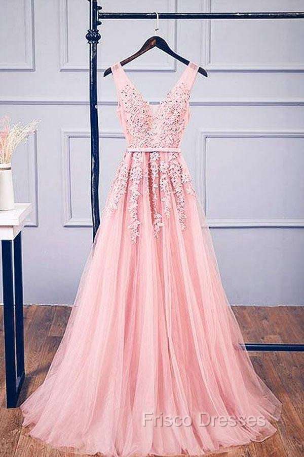 A-Line V Neck Pink Tulle Lace Applique Long Formal Prom Dress Evening Dress