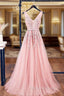 A-Line V Neck Pink Tulle Lace Applique Long Formal Prom Dress Evening Dress
