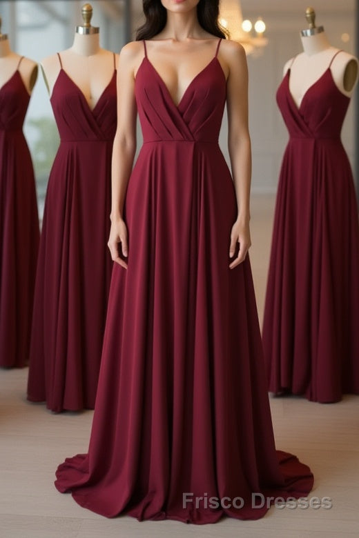 A Line V Neck Pleated Burgundy Long Formal Prom Dresses, V Neck Burgundy Long Evening Dresses, Burgundy Graduation Dresses, Formal Dresses Main image