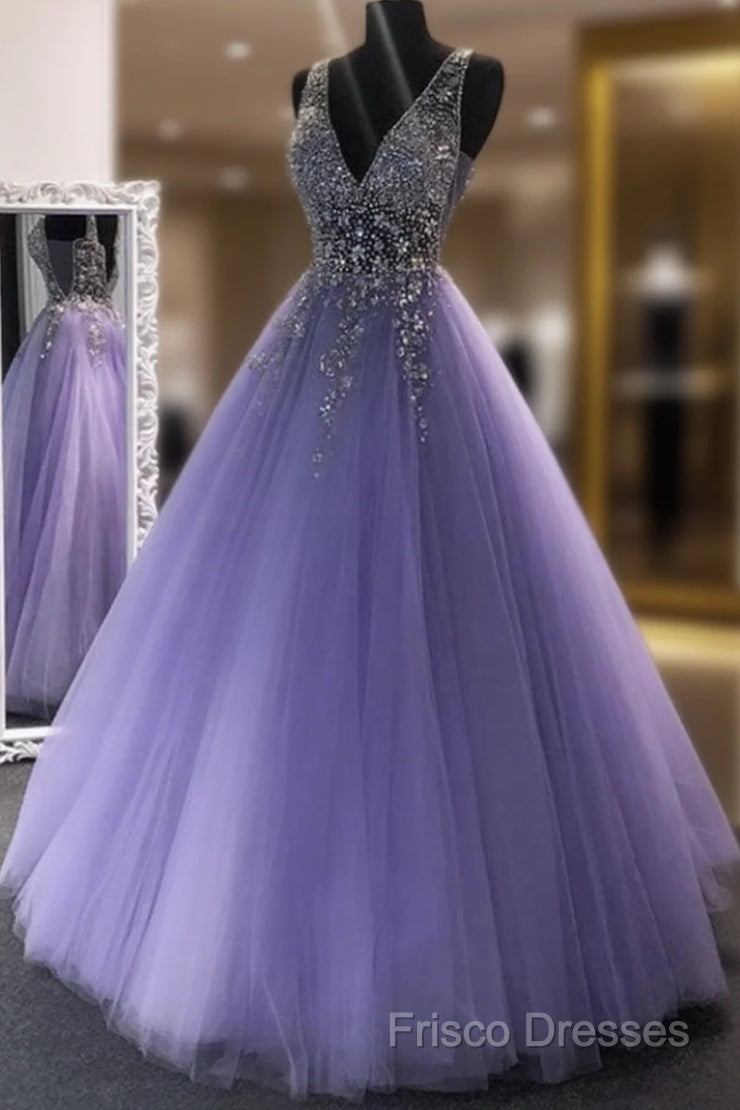 A Line V Neck Purple Beaded Long Formal Prom Dress, V Neck Backless Purple Long Formal Dress Main image