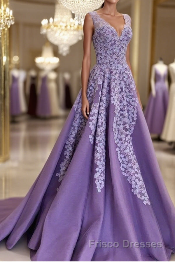A Line V Neck Purple Long Formal Prom Dresses with Lace Appliques, V Neck Purple Formal Evening Dresses