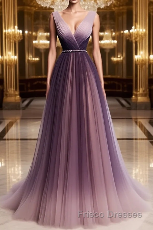 A Line V Neck Purple Ombre Formal Prom Dresses, V Neck Purple Ombre Formal Evening Bridesmaid Dresses Main image