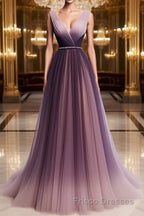 A Line V Neck Purple Ombre Formal Prom Dresses, V Neck Purple Ombre Formal Evening Bridesmaid Dresses