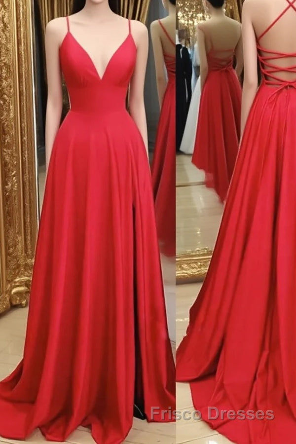 A Line V Neck Red Backless Long Formal Prom Dresses, Red A Line V Neck Open Back Formal Evening Dresses Main image