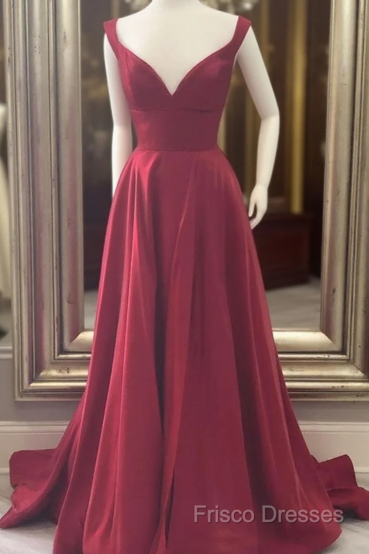 A Line V Neck Red Burgundy Long Formal Prom Dress, Off The Shoulder Red Burgundy Formal Dress Main image