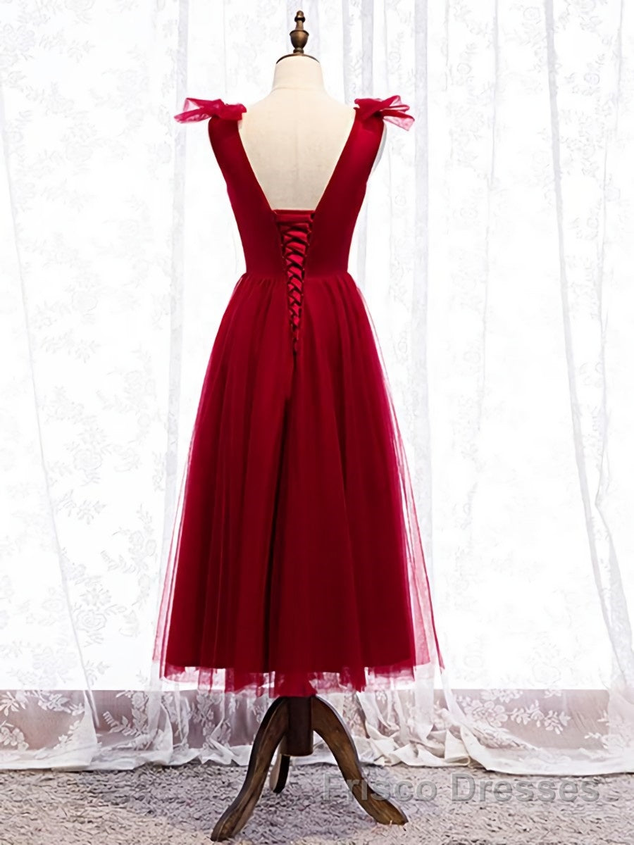 A Line V Neck Red Tea Length Formal Prom Dresses with Corset Back, Red Tea Length Formal Graduation Dresses
