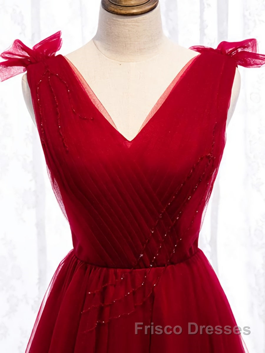 A Line V Neck Red Tea Length Formal Prom Dresses with Corset Back, Red Tea Length Formal Graduation Dresses