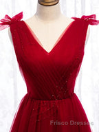 A Line V Neck Red Tea Length Formal Prom Dresses with Corset Back, Red Tea Length Formal Graduation Dresses