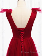 A Line V Neck Red Tea Length Formal Prom Dresses with Corset Back, Red Tea Length Formal Graduation Dresses