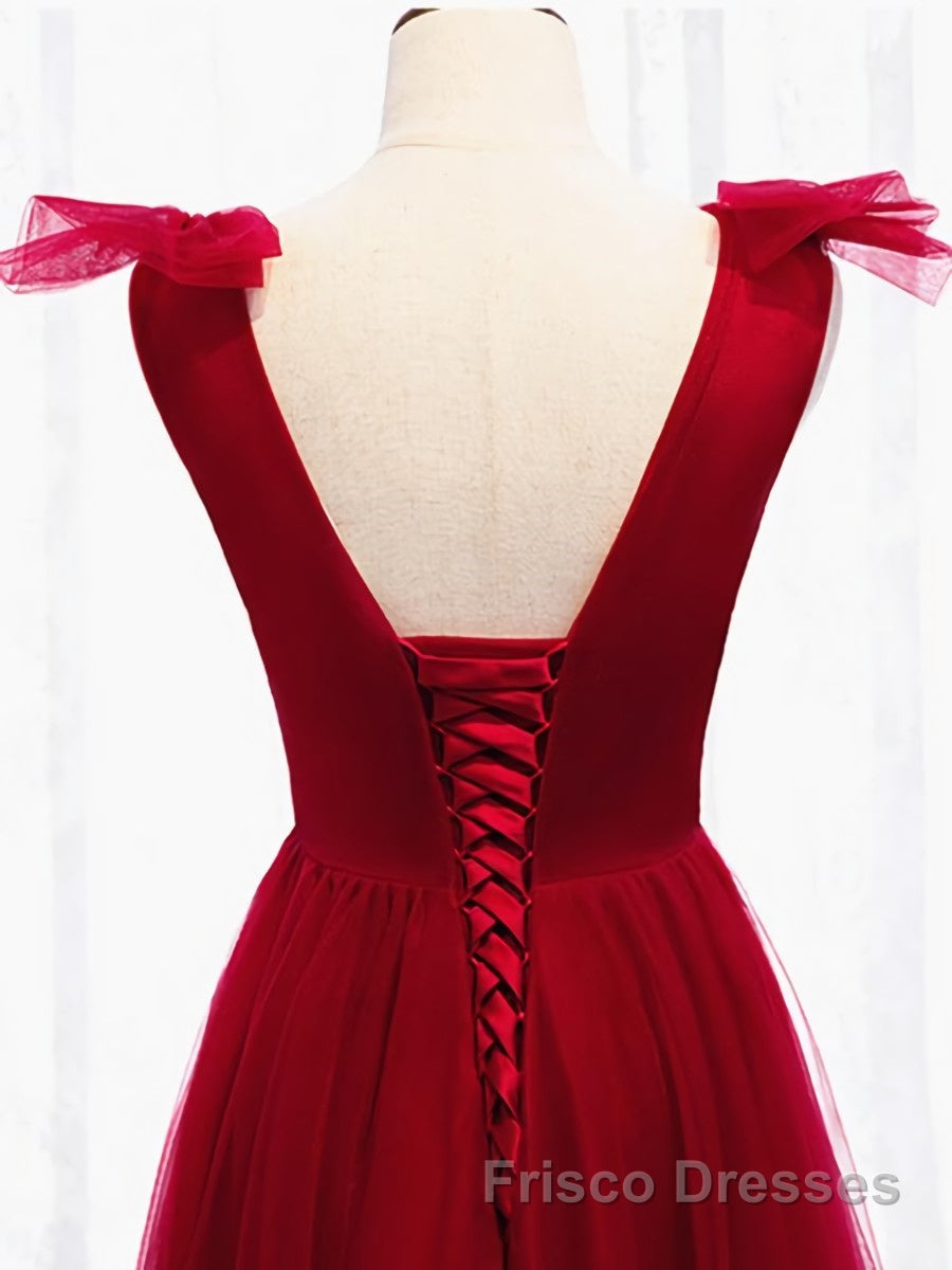 A Line V Neck Red Tea Length Formal Prom Dresses with Corset Back, Red Tea Length Formal Graduation Dresses