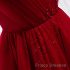 A Line V Neck Red Tea Length Formal Prom Dresses with Corset Back, Red Tea Length Formal Graduation Dresses