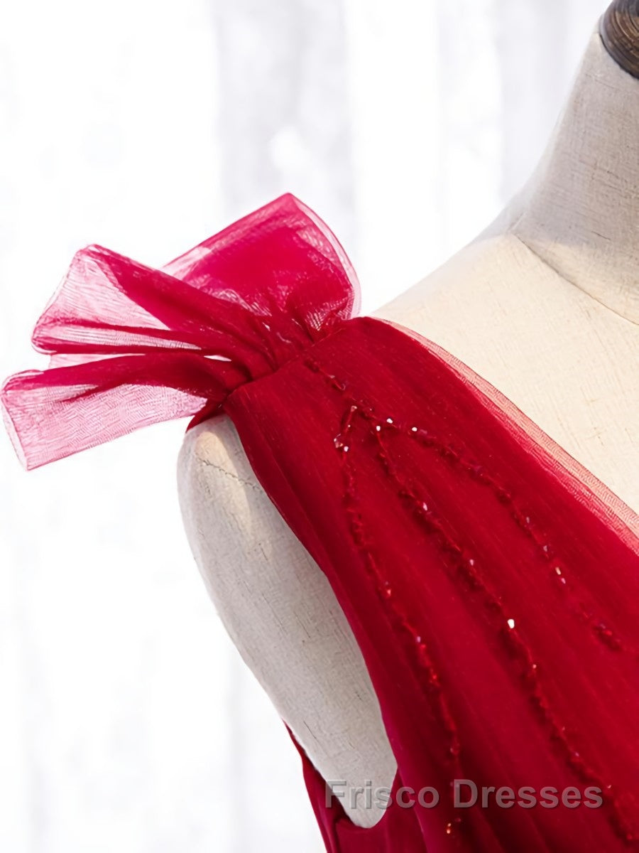 A Line V Neck Red Tea Length Formal Prom Dresses with Corset Back, Red Tea Length Formal Graduation Dresses