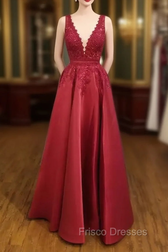 A-line V Neck Regular Straps Long/Floor-Length Satin Formal Prom Dress With Appliqued Beading Main image