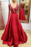 A-line V Neck Regular Straps Long/Floor-Length Satin Formal Prom Dress With Beading