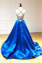 A Line V Neck Royal Blue Backless Formal Prom Dress, Open Back Royal Blue Formal Graduation Dress