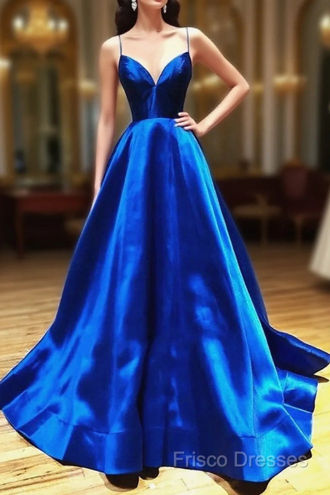 A Line V Neck Royal Blue Backless Formal Prom Dress, Open Back Royal Blue Formal Graduation Dress Main image