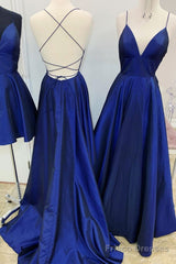 A Line V Neck Royal Blue Backless Prom Dresses, Royal Blue Backless Formal Evening Bridesmaid Dresses