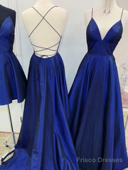 A Line V Neck Royal Blue Backless Prom Dresses, Royal Blue Backless Formal Evening Bridesmaid Dresses