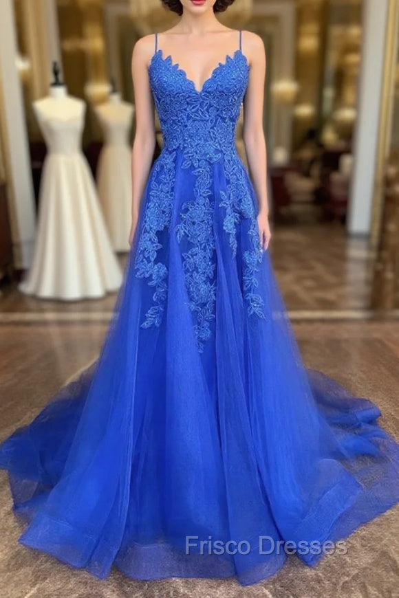 A Line V Neck Royal Blue Lace Formal Prom Dress, Royal Blue Lace Formal Evening Dress