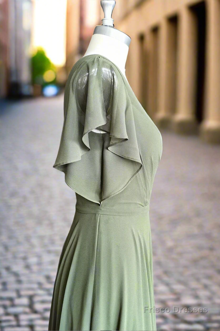 A-line V-neck Ruffle Sleeves Pleats Chiffon Bridesmaid Dress with Ruffles
