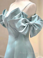 A-Line V Neck Satin Blue Long Formal Prom Dress, Blue Formal Evening Dress