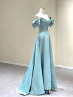 A-Line V Neck Satin Blue Long Formal Prom Dress, Blue Formal Evening Dress