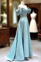 A-Line V Neck Satin Blue Long Formal Prom Dress, Blue Formal Evening Dress