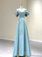 A-Line V Neck Satin Blue Long Formal Prom Dress, Blue Formal Evening Dress