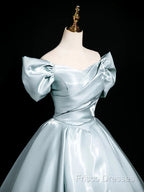 A-Line V Neck Satin Blue Long Formal Prom Dress, Blue Long Formal Dress