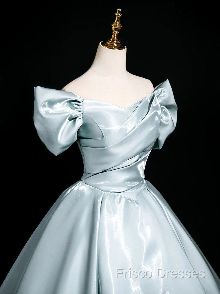 A-Line V Neck Satin Blue Long Formal Prom Dress, Blue Long Formal Dress