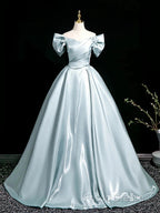 A-Line V Neck Satin Blue Long Formal Prom Dress, Blue Long Formal Dress
