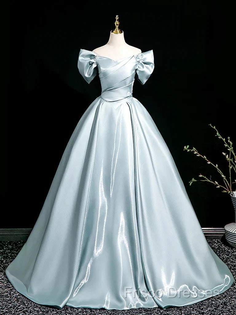 A-Line V Neck Satin Blue Long Formal Prom Dress, Blue Long Formal Dress