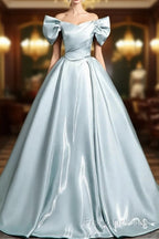 A-Line V Neck Satin Blue Long Formal Prom Dress, Blue Long Formal Dress