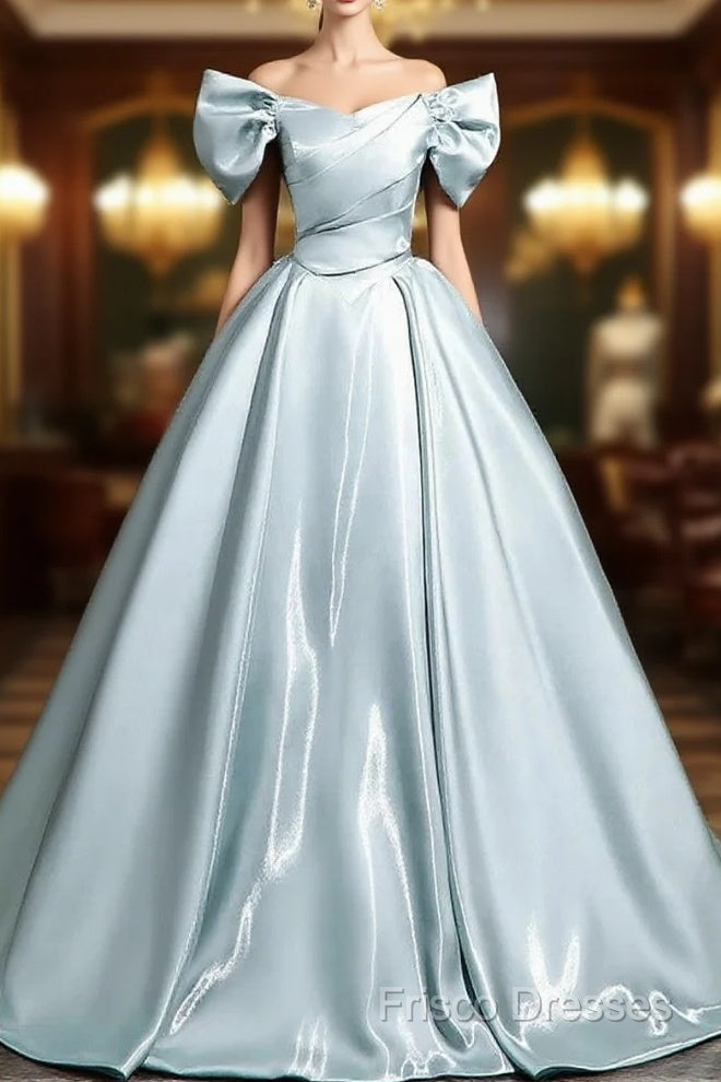 A-Line V Neck Satin Blue Long Formal Prom Dress, Blue Long Formal Dress