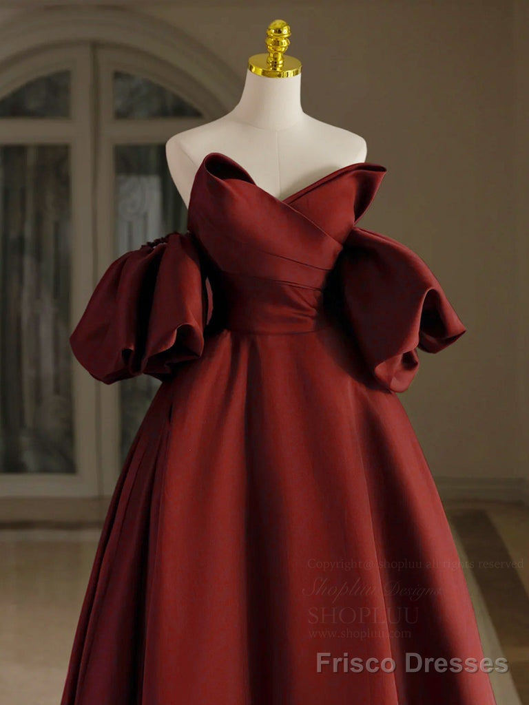 A-Line V Neck Satin Burgundy Long Prom Dress, Burgundy Long Formal Dress Secondary image