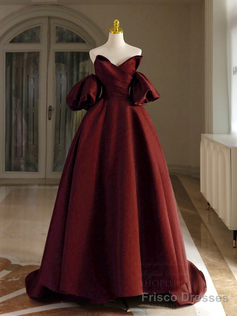A-Line V Neck Satin Burgundy Long Prom Dress, Burgundy Long Formal Dress Main image