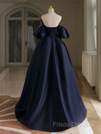 A-Line V Neck Satin Dark Blue Long Formal Prom Dress, Dark Blue Long Formal Dress