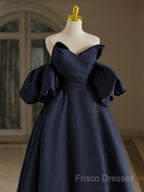 A-Line V Neck Satin Dark Blue Long Formal Prom Dress, Dark Blue Long Formal Dress