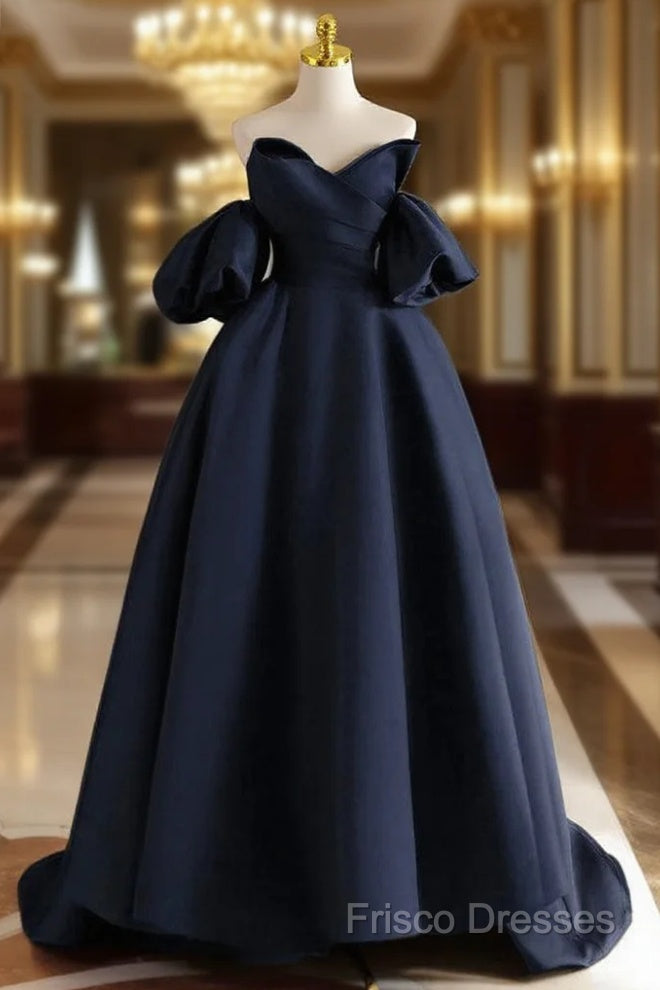 A-Line V Neck Satin Dark Blue Long Formal Prom Dress, Dark Blue Long Formal Dress Main image