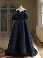 A-Line V Neck Satin Dark Blue Long Prom Dress, Dark Blue Long Formal Dress