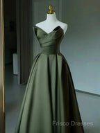 A-Line V Neck Satin Green Long Formal Prom Dress, Green Long Formal Dress
