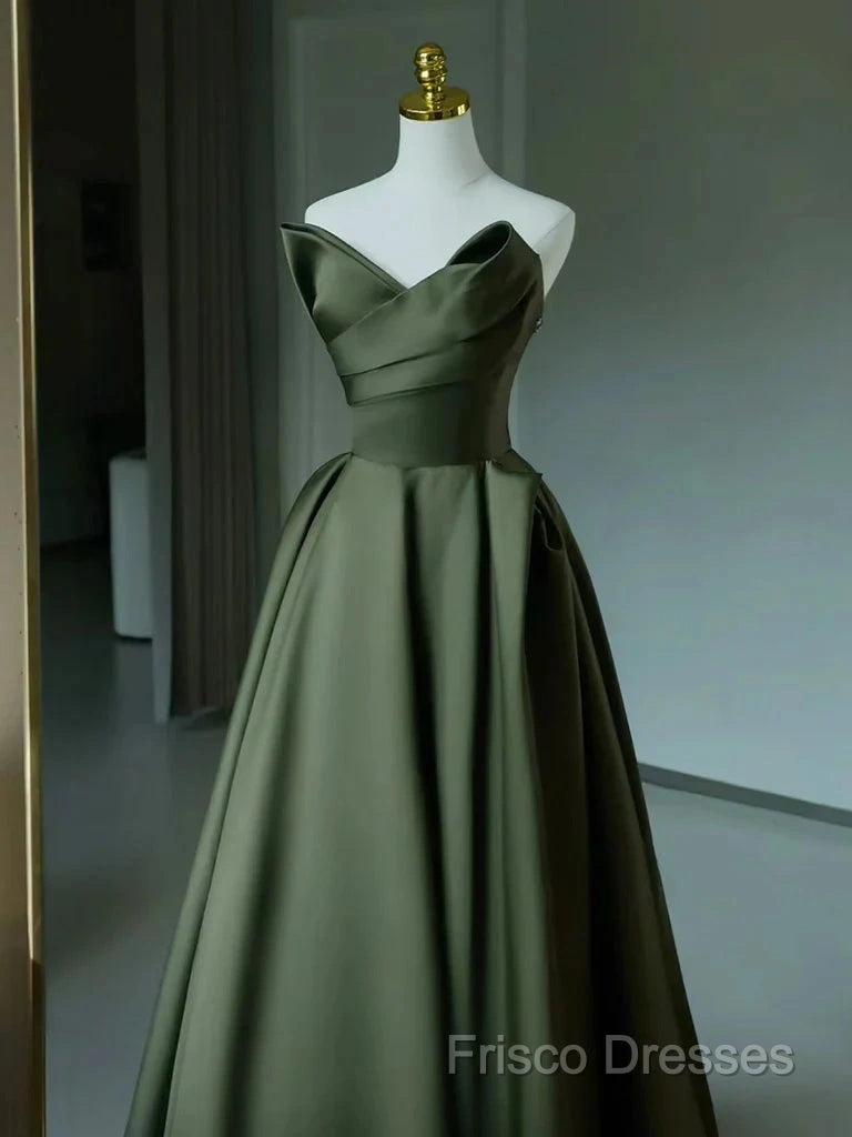 A-Line V Neck Satin Green Long Formal Prom Dress, Green Long Formal Dress