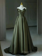 A-Line V Neck Satin Green Long Formal Prom Dress, Green Long Formal Dress