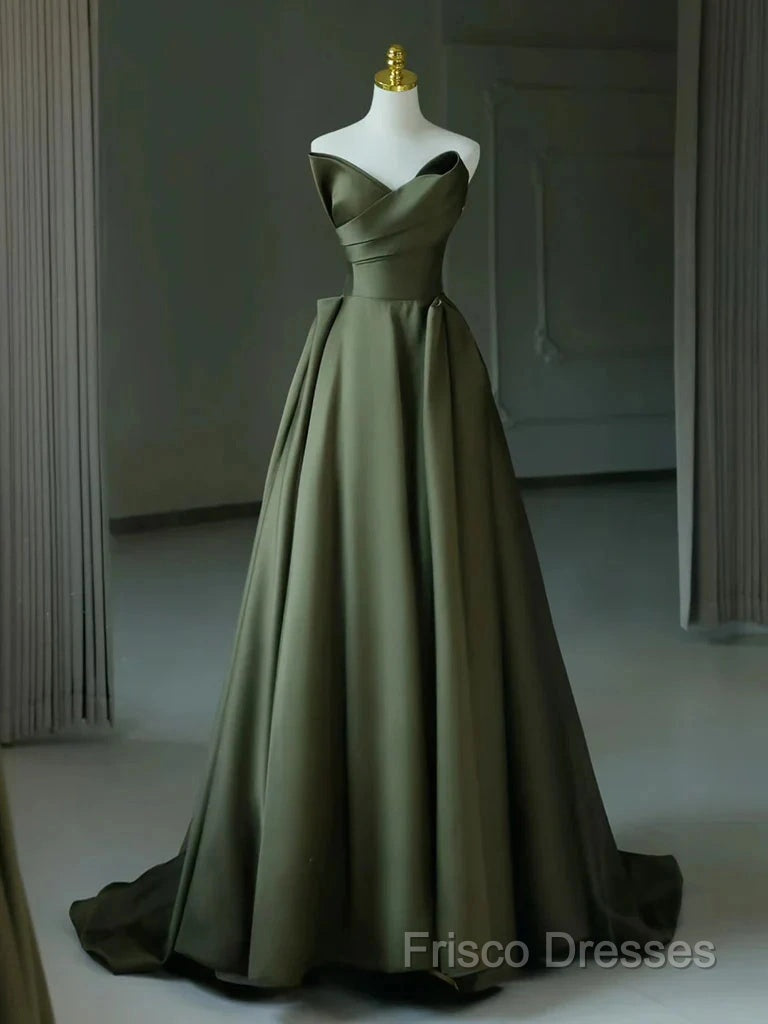 A-Line V Neck Satin Green Long Formal Prom Dress, Green Long Formal Dress