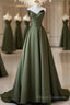 A-Line V Neck Satin Green Long Formal Prom Dress, Green Long Formal Dress