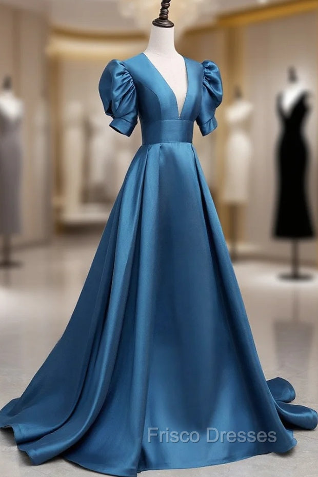 A-Line V Neck Satin Long Formal Prom Dress, Blue Satin Long Evening Dress Secondary image